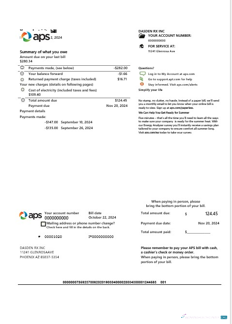 USA Arizona APS electricity proof of address business utility bill template in Word and PDF formats